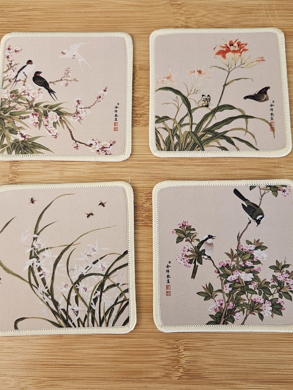 Set of 4 Floral & Bird Square Coasters - Blush Background